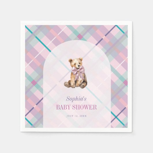 Roze & Lavendel Plaid Teddy Bear Girl Baby shower Servet (Voorkant)