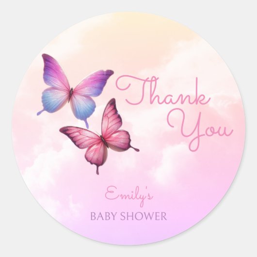Roze lavendel vlinder Baby shower Ronde Sticker (Voorkant)