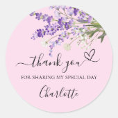 Roze lavendelbloemen bedankhart ronde sticker (Voorkant)