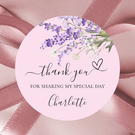 Roze lavendelbloemen bedankthart ronde sticker