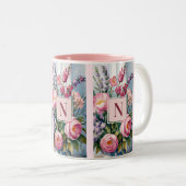 Roze lavendelbloemen Moderne Waterverf Tweekleurige Koffiemok (Voorkant rechts)