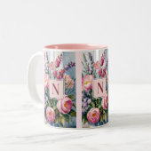 Roze lavendelbloemen Moderne Waterverf Tweekleurige Koffiemok (Voorkant links)
