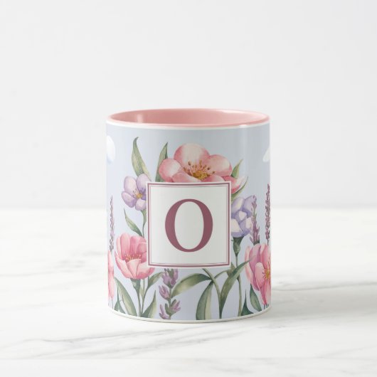 Roze Lavendelbloemen Roze O Monogram Combo Mok (Midden)