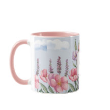 Roze Lavendelbloemen Roze O Monogram Combo Mok