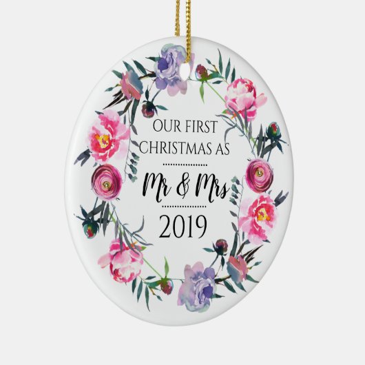 Roze lavender Eerste Kerstmis als de heer & mevrou Keramisch Ornament (Rechts)