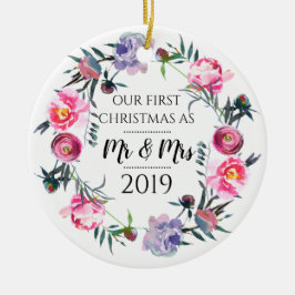 Roze lavender Eerste Kerstmis als de heer & mevrou Keramisch Ornament