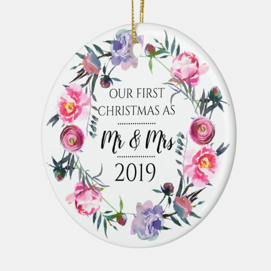 Roze lavender Eerste Kerstmis als de heer & mevrou Keramisch Ornament (Links)