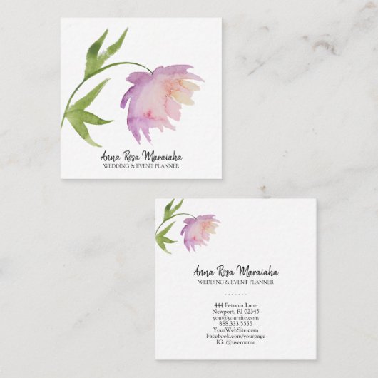 *~* Roze lavender Elegant Waterverf Peony Floral Vierkante Visitekaartje (Voorkant / Achterkant)