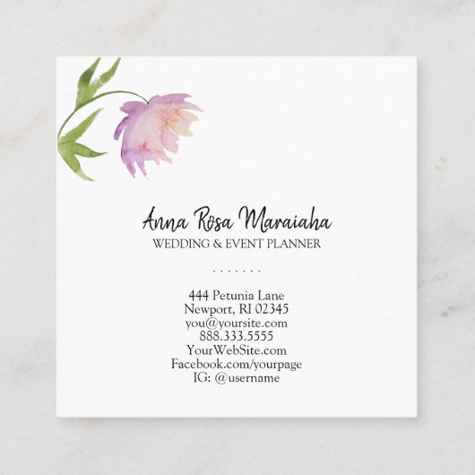 *~* Roze lavender Elegant Waterverf Peony Floral Vierkante Visitekaartje (Achterkant)