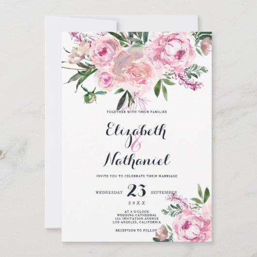 Roze lavender koraal groen bloemthema bruiloft kaart (Voorkant)