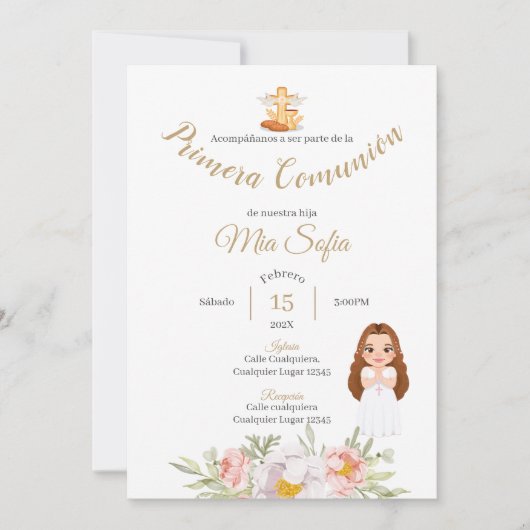 Roze Leaf Meisjes Eerste Communie Uitnodiging (Voorkant)
