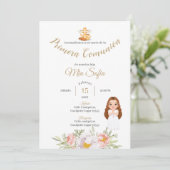 Roze Leaf Meisjes Eerste Communie Uitnodiging (Staand voorkant)