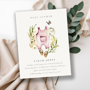 Roze Leafy Foliage Girl Clothes Baby shower Invite Bedankkaart