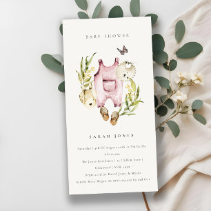 Roze Leafy Foliage Girl Clothes Baby shower Invite Bedankkaart