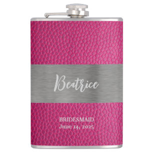 Roze Leder en Metaaldruk Monogrammed Flask Heupfles