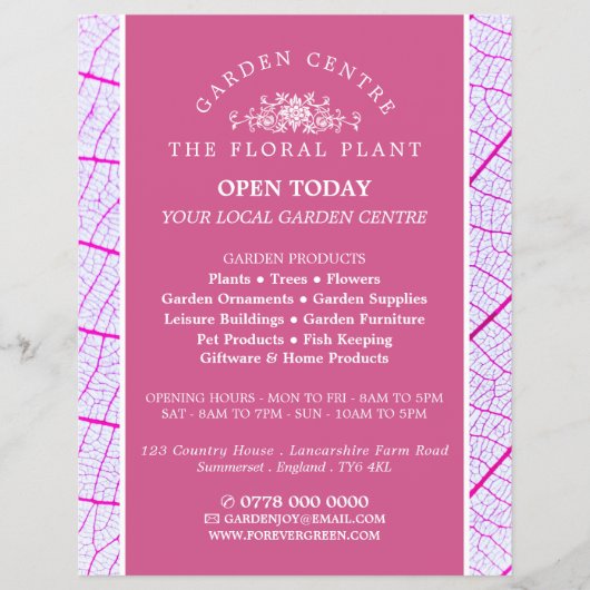 Roze leder, tuincentrum, tuinbouwkundige flyer (Voorkant)