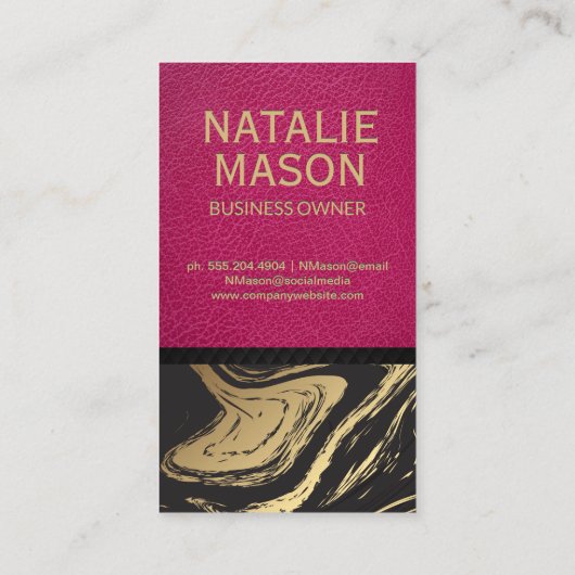 Roze leder | Zwarte goudmarmer Visitekaartje (Achterkant)