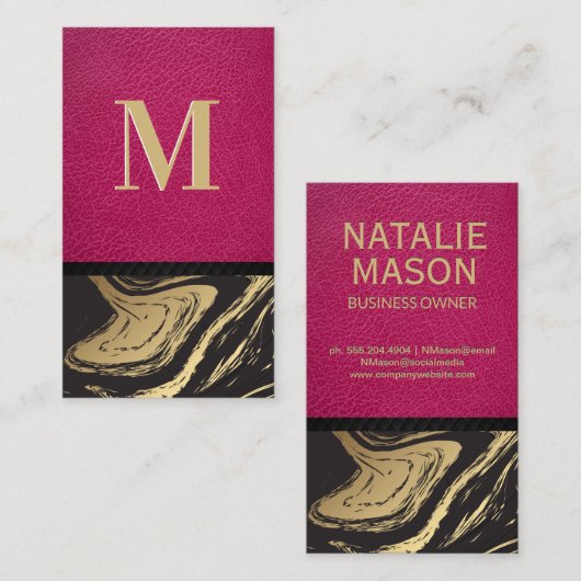 Roze leder | Zwarte goudmarmer Visitekaartje (Voorkant / Achterkant)
