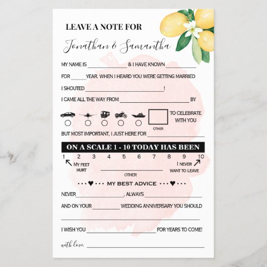 Roze leemons Opmerking voor de Kaart van het wedde (Voorkant)