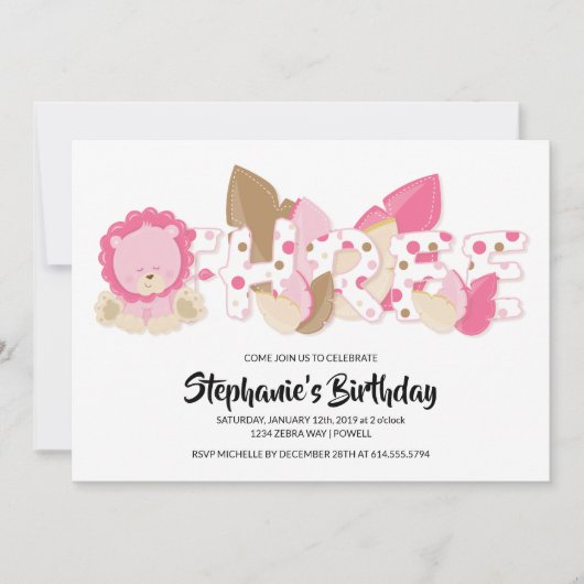 Roze Leeuw Derde Verjaardag Uitnodiging (Voorkant)