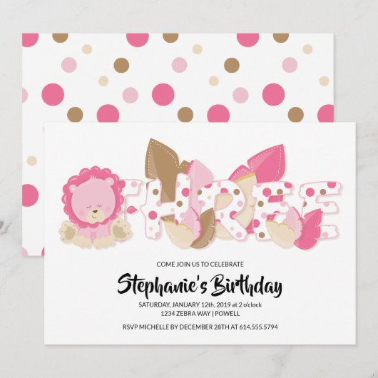 Roze Leeuw Derde Verjaardag Uitnodiging (Voorkant / Achterkant)