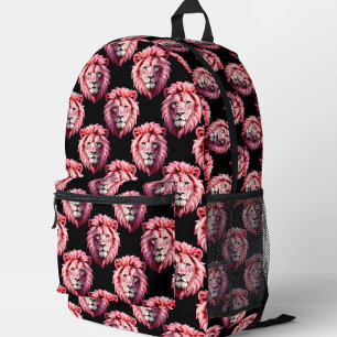 Roze Leeuwenkop Dier Patroon Ontwerp - Zwart Bedrukte Rugzak