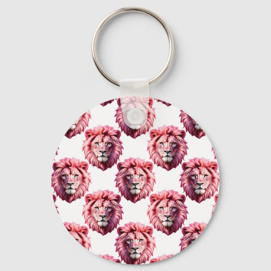 Roze Leeuwenkop Dierpatroon Ontwerp Wit Sleutelhanger (Voorkant)