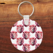 Roze Leeuwenkop Dierpatroon Ontwerp Wit Sleutelhanger (Achterkant)