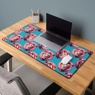 Roze Leeuwenkop Dierpatroonontwerp Blauw Bureaumat