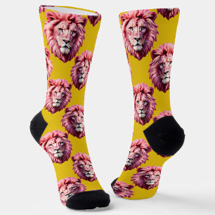 Roze Leeuwenkop Dierpatroonontwerp Geel  Sokken