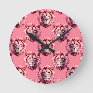 Roze Leeuwenkop Dierpatroonontwerp Roze Ronde Klok
