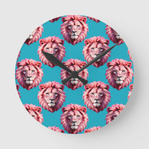 Roze Leeuwenkop Dierprintontwerp Blauw  Ronde Klok