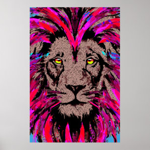 Roze leeuwenkop - Lion Face Portret Poster tekenen