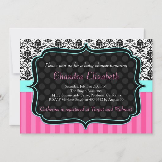 Roze, legant, Damask Baby shower Invitation Kaart (Voorkant)