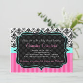 Roze, legant, Damask Baby shower Invitation Kaart (Staand voorkant)
