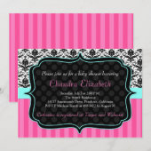 Roze, legant, Damask Baby shower Invitation Kaart (Voorkant / Achterkant)