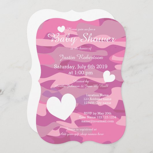 Roze leger camo babyshower uitnodigingen met hartj (Voorkant / Achterkant)
