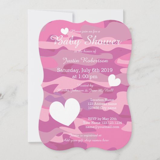 Roze leger camo babyshower uitnodigingen met hartj (Voorkant)