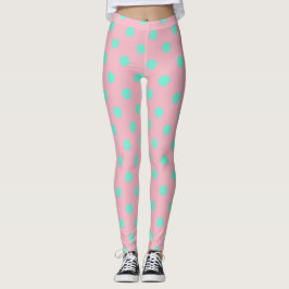 Roze Leggings met Blauwgroen pooldots