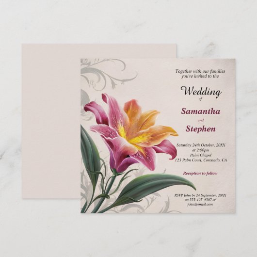 Roze Lelie Bloem Bruiloft Kaart (Voorkant / Achterkant)