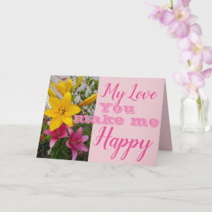 Roze lelie bloem jij maakt me gelukkig verjaardags kaart