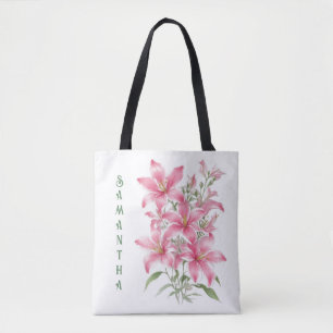 Roze Lelie Bloemen gepersonaliseerd Tote Bag