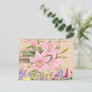 Roze Lelie, Bloemen Waterverf,  krant Briefkaart