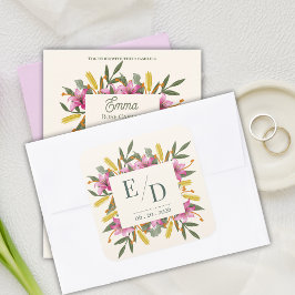 Roze Lelie Botanische Trouw Monogram Vierkante Sticker
