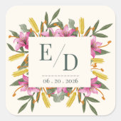 Roze Lelie Botanische Trouw Monogram Vierkante Sticker (Voorkant)