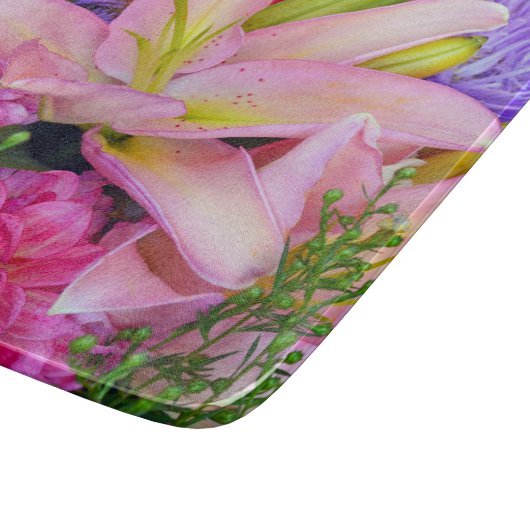 Roze lelie en dahlia bloem glas snijplank (Hoek)