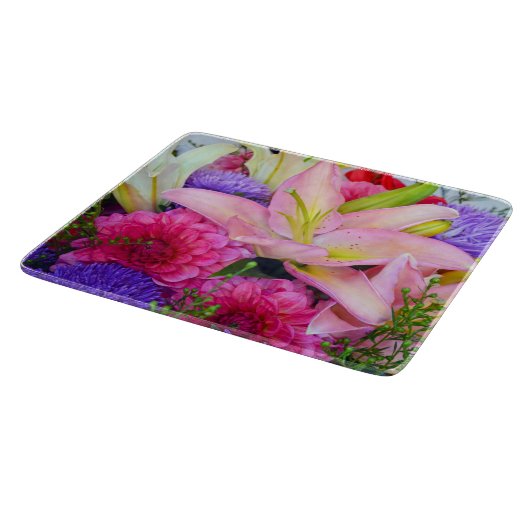 Roze lelie en dahlia bloem glas snijplank (Hoek)