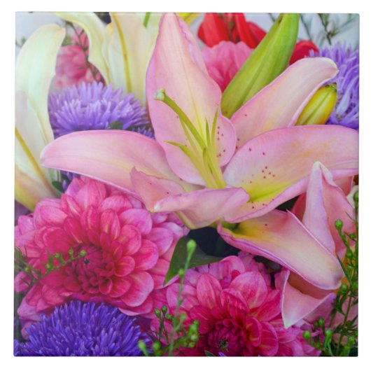 Roze lelie en dahlia bloemenprint keramische tegel tegeltje (Voorkant)