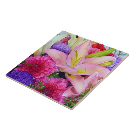 Roze lelie en dahlia bloemenprint keramische tegel tegeltje (Zijkant)
