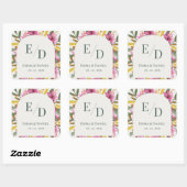 Roze Lelie Gebogen Monogram Huwelijksenvelop Vierkante Sticker (Vel)